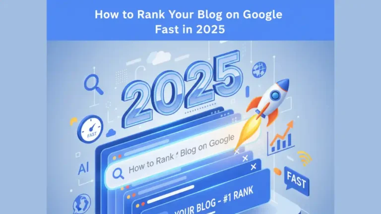A digital marketer analyzing SEO performance on a laptop showing Google ranking charts, representing how to rank your blog fast on Google in 2025.