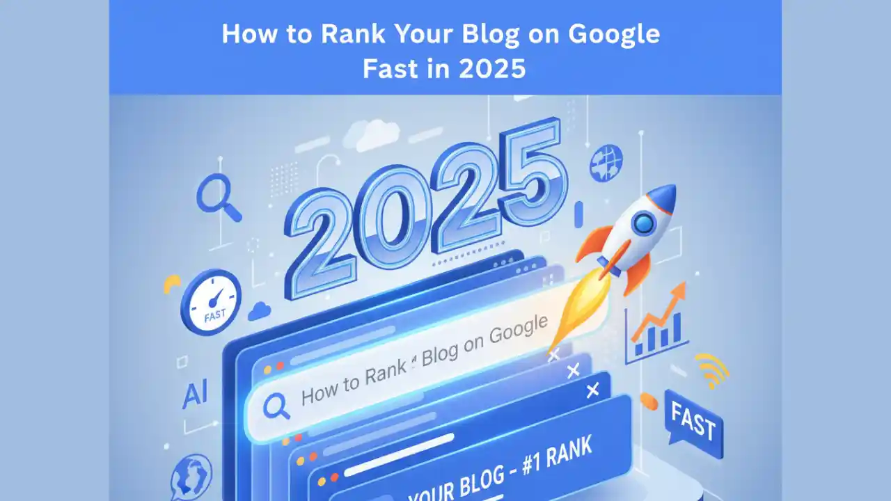 A digital marketer analyzing SEO performance on a laptop showing Google ranking charts, representing how to rank your blog fast on Google in 2025.