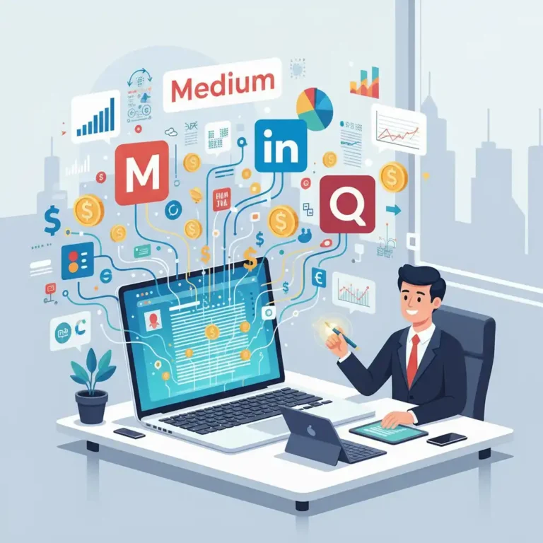 A person writing articles on a laptop with logos of Medium, Quora, and LinkedIn — representing how to earn money online in 2025 through writing platforms.