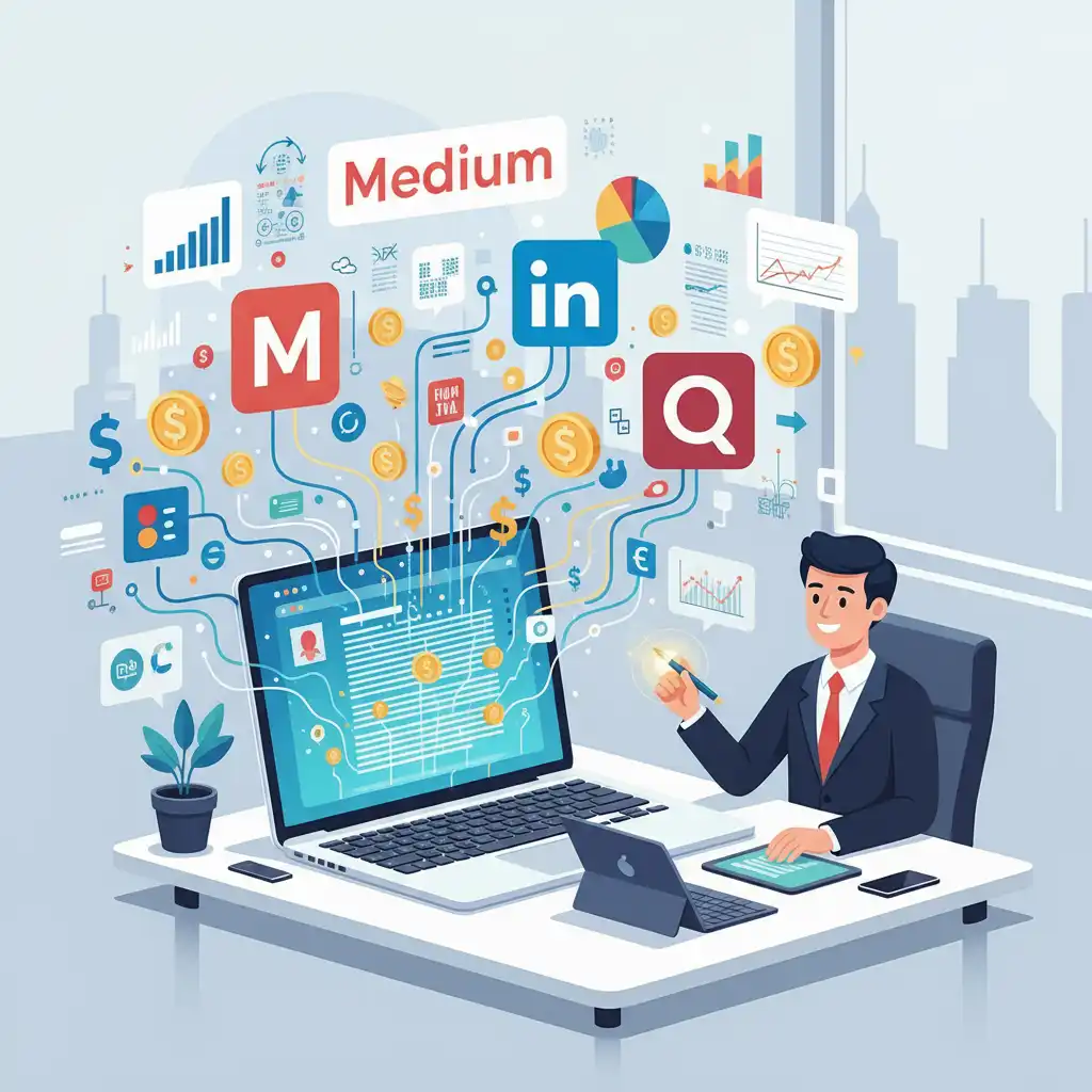 A person writing articles on a laptop with logos of Medium, Quora, and LinkedIn — representing how to earn money online in 2025 through writing platforms.